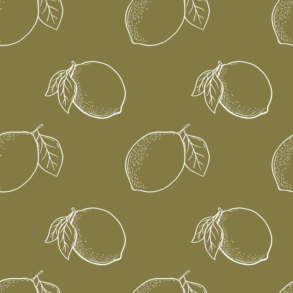 Hand drawn vector monochrome seamless pattern with etching white lemon in sketch style. Vector repeat backdrop olive color