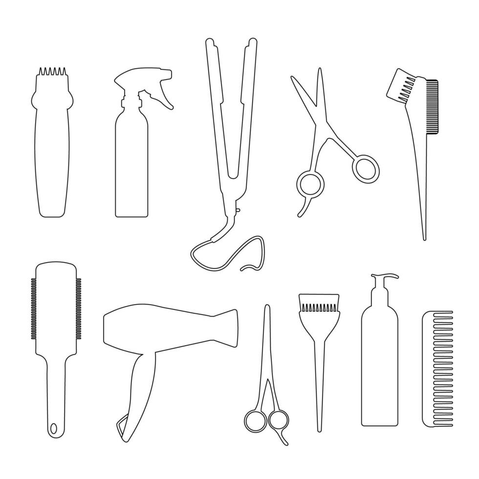 Cosmetic brush for hair, scissors, razor and comb. Barber tool line icon set vector