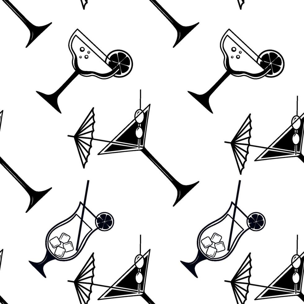 Black and white vector seamless pattern with alcoholic beverages on white background.