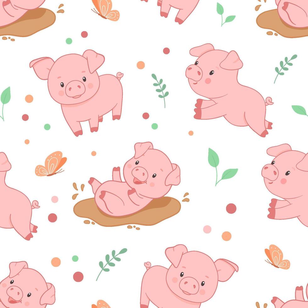 Seamless vector pattern with cute piggy playing in puddle. Funny farm animal little jumping piglet for textiles or fabric for newborns and nursery.