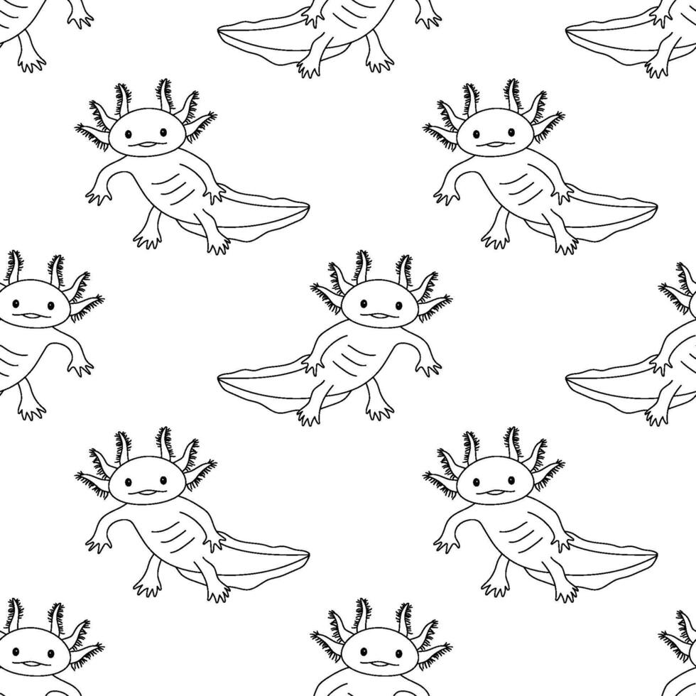 Seamless childish pattern. Vector line cartoon illustration of cute stylized axolotl salamander isolated on white background. Baby axolotl smiling.