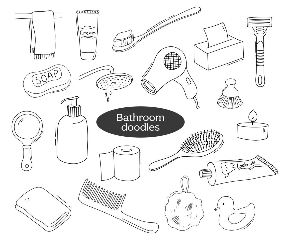 Set of items for the bathroom. Doodle vector line illustrations for spa salon or hair salon. Comb, toothbrush and paste, soap