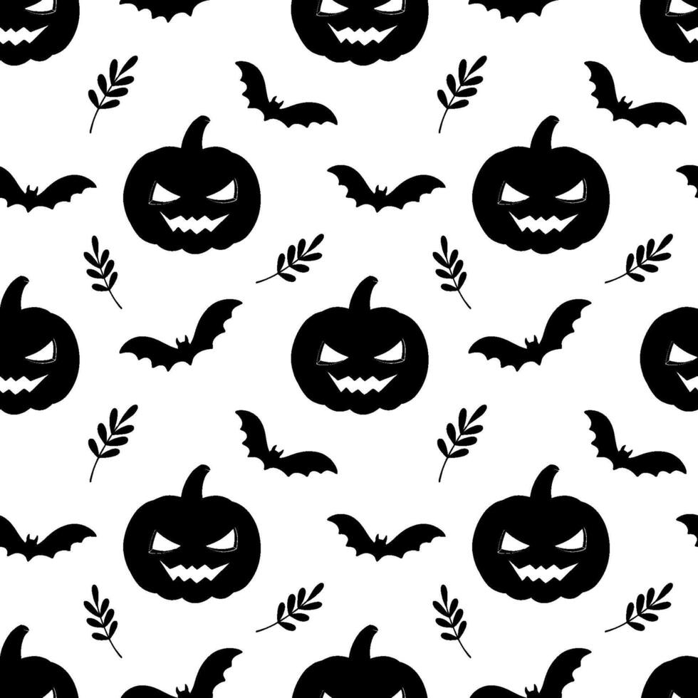 Seamless pattern for Halloween party with black pumpkin and bat. Vector monochrome endless pattern on white. Pumpkin silhouette