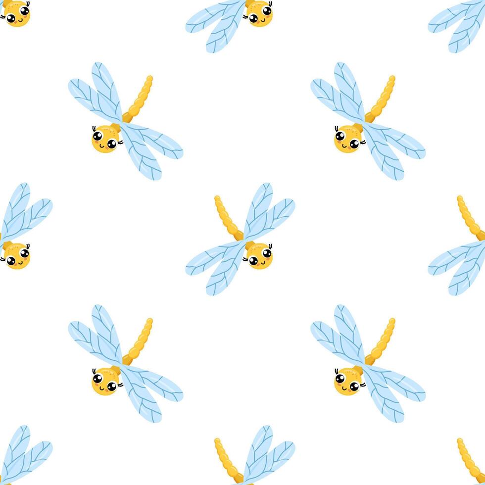 Seamless pattern with cute dragonfly character. Funny dragonfly on white for children and newborn fabric. vector