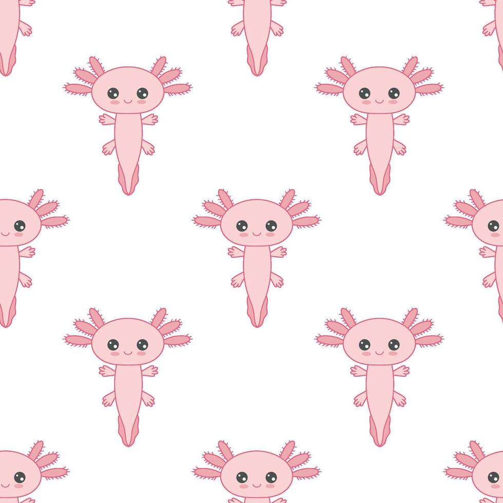 Seamless childish pattern with vector flat cartoon cute stylized axolotl salamander isolated on white background. Baby axolotl smiling.