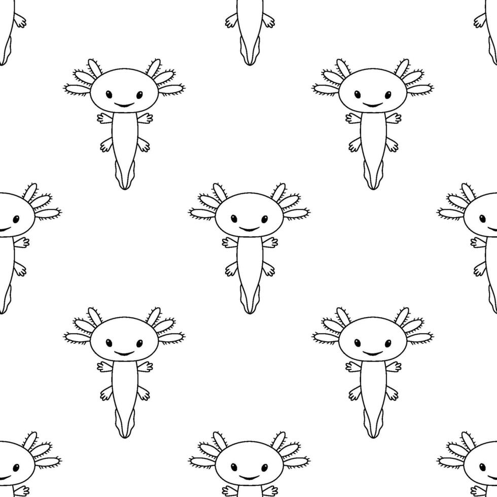Seamless childish pattern. Vector line cartoon illustration of cute stylized axolotl salamander isolated on white background. Baby axolotl smiling.