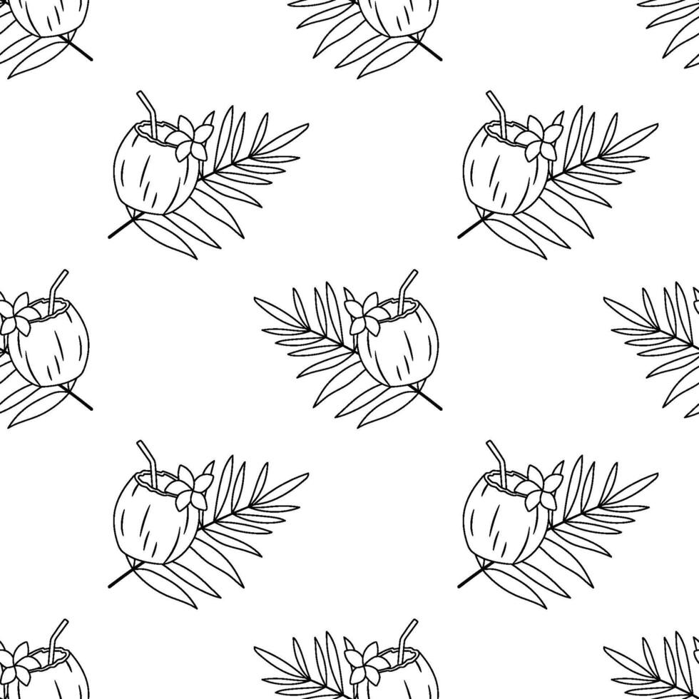 Seamless pattern with coconut cocktail with straw, flower and palm leaf isolated on white background. Tropical drink in half of coconut vector line design.