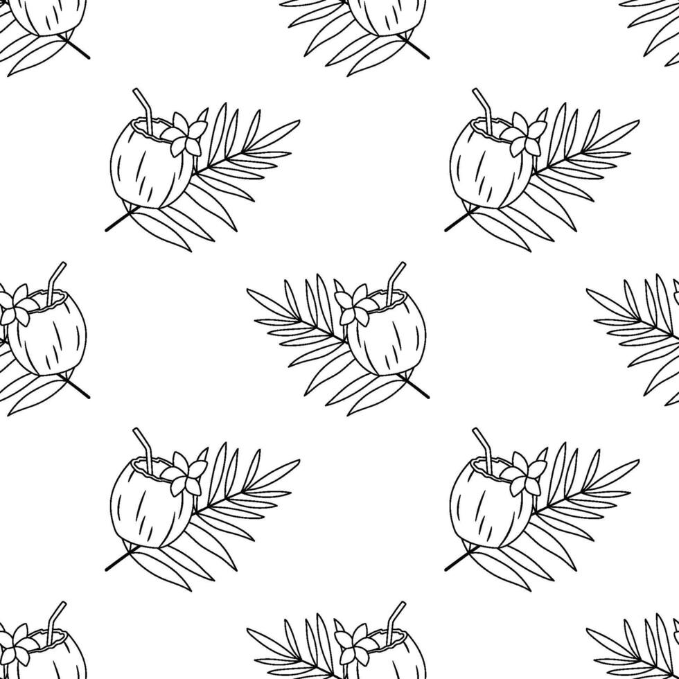 Seamless pattern with coconut cocktail with straw, flower and palm leaf isolated on white background. Tropical drink in half of coconut vector line design.