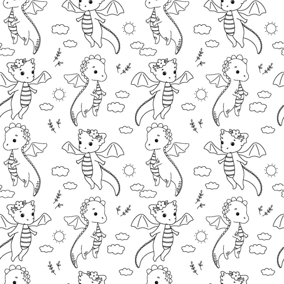 Seamless pattern with cute flying dragon with crown on white background. Outline vector cartoon character. Childish line illustration