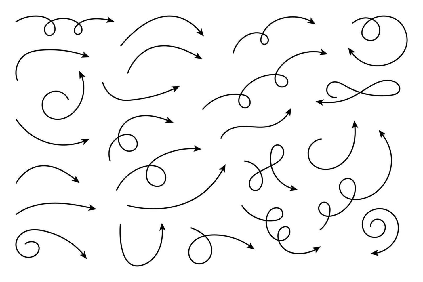 Collection of thin line arrows. Set simple curved hand drawn arrows. Collection of pointers. vector
