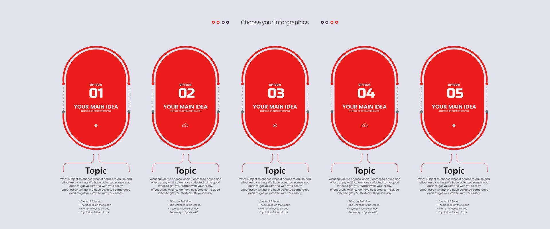 Five red Options of infographic templates design. 5 elements of modern red infographics style, business and finance process, infographic process steps vector, illustration vector