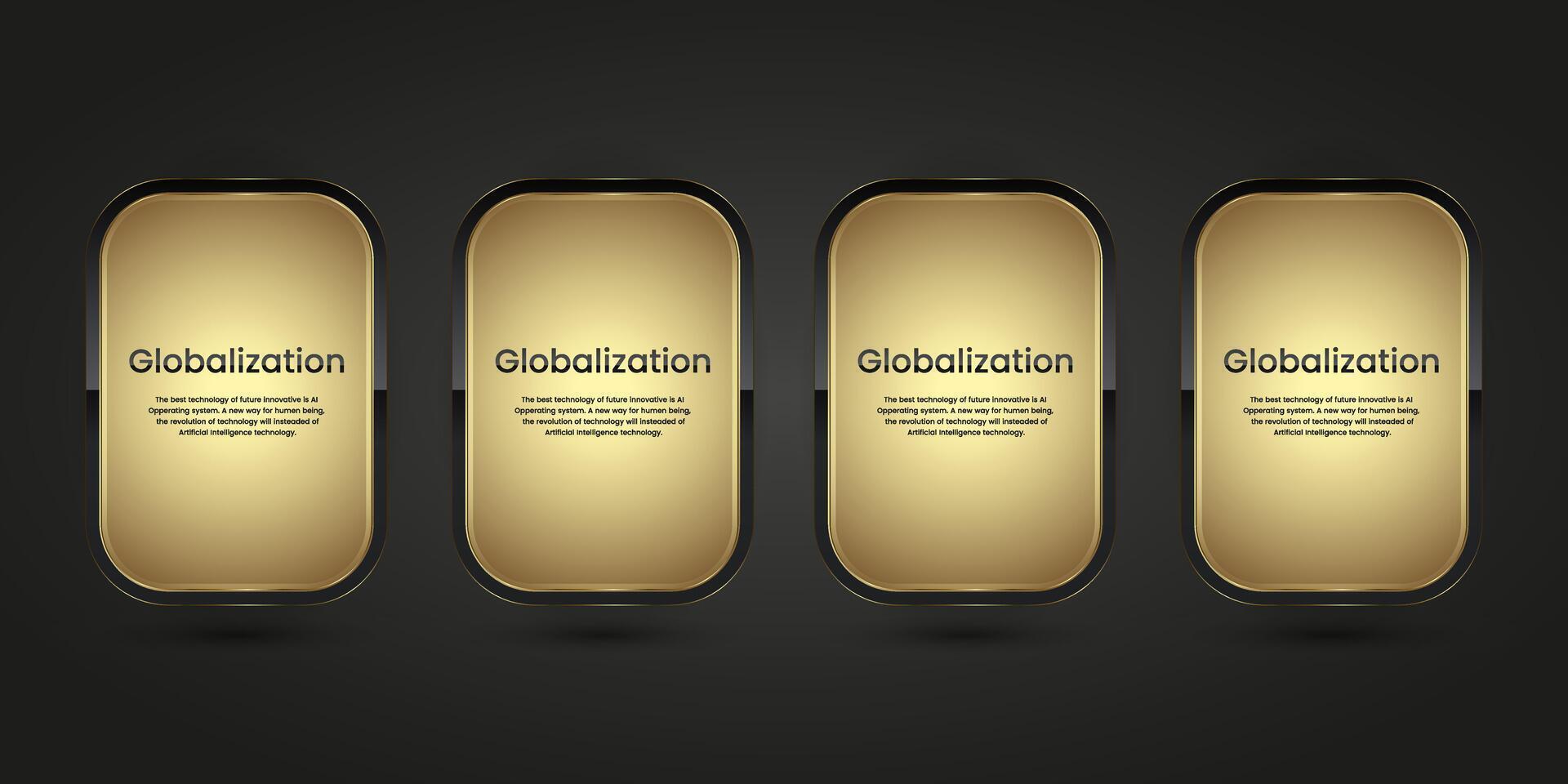 FOUR Black Luxury buttons infographic vector design. Four gold and black icons on isolated dark gradient background