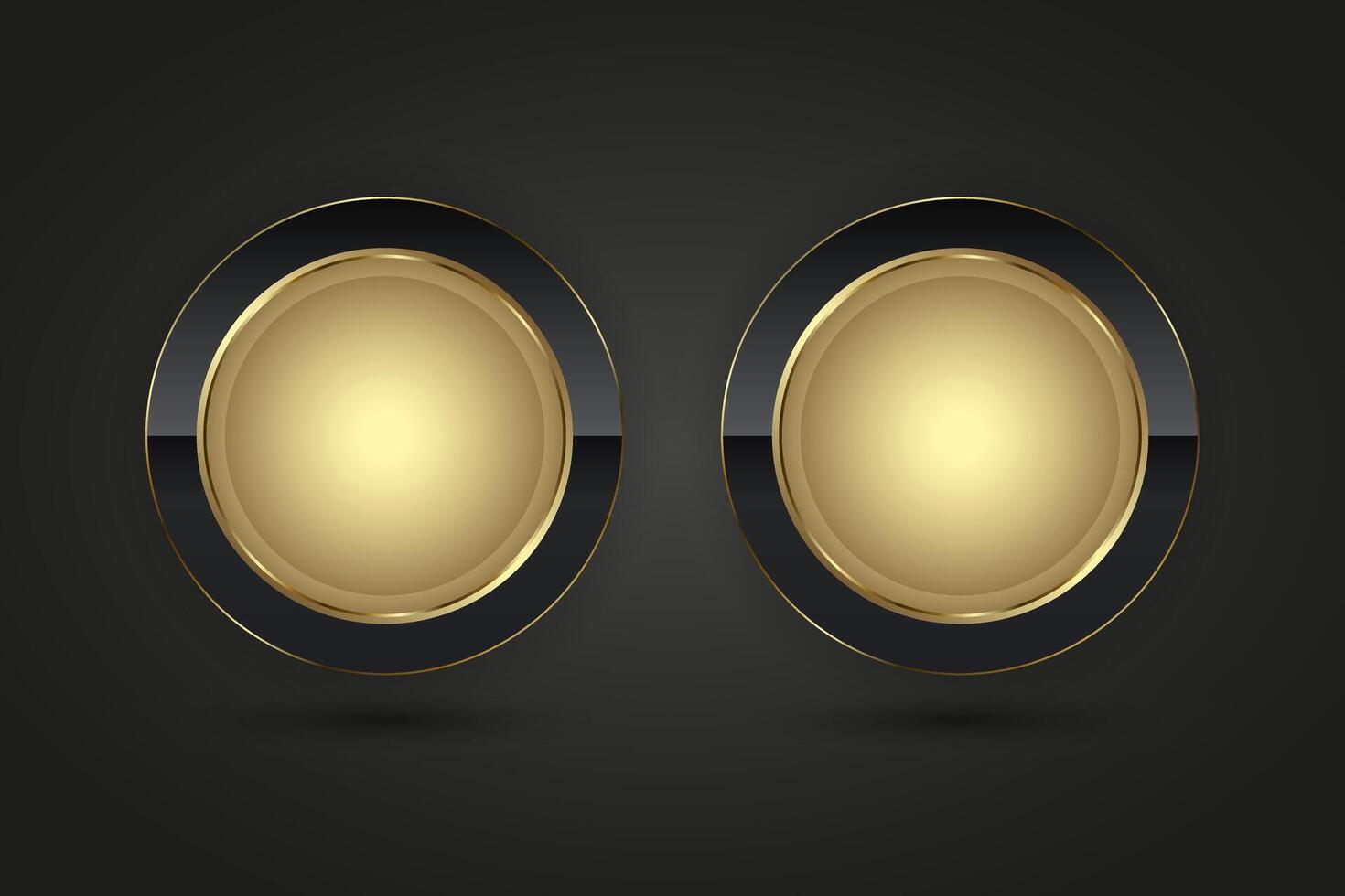 conjunto de 2 lujo círculos botón vector infografía diseño. dos dorado negro íconos en aislado oscuro degradado fondo, doble prima vector ilustración