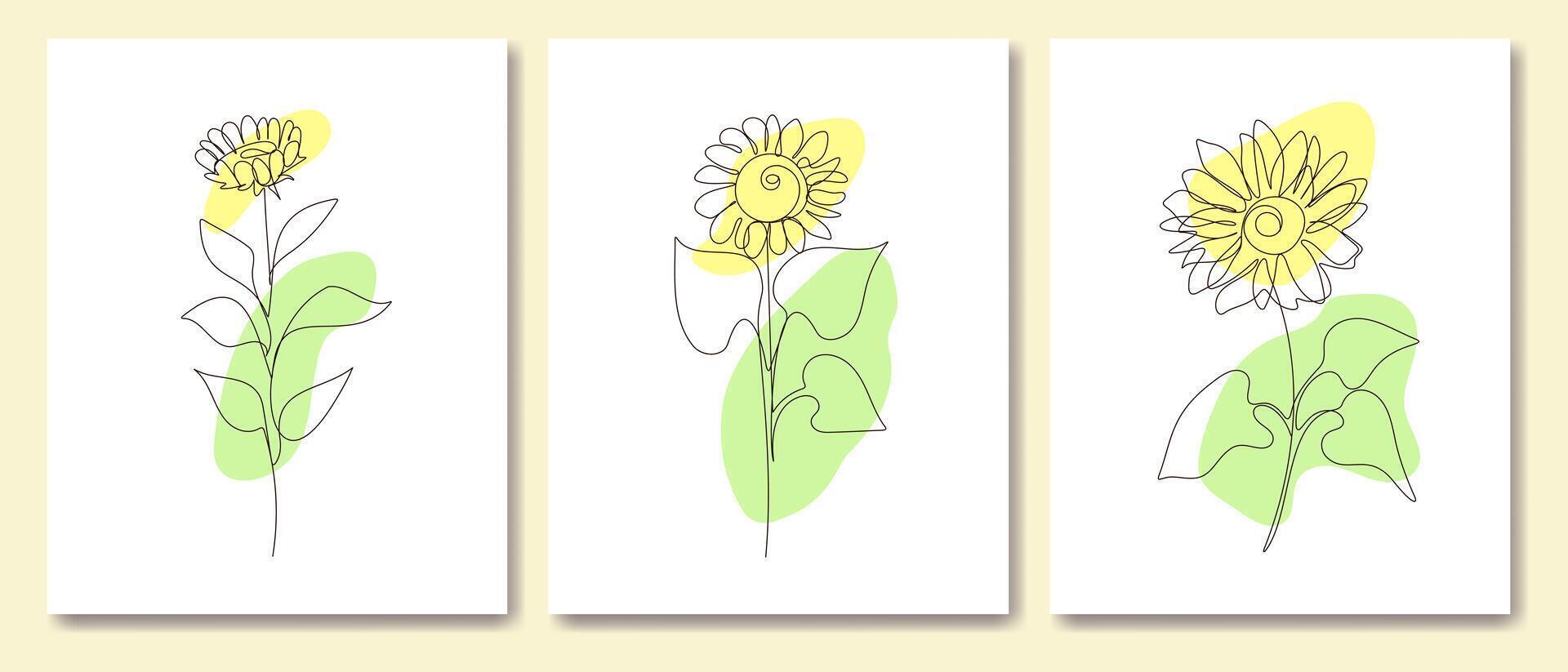 uno línea girasoles carteles colocar. moderno Arte. minimalismo estilo. vector ilustración.