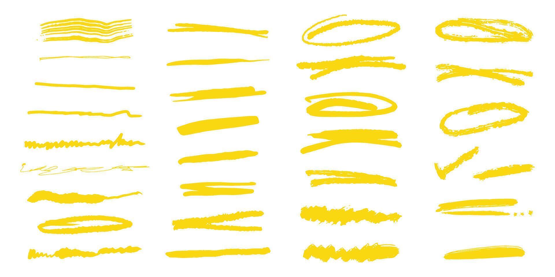 Crayon yellow brush stroke underline set. Grunge creative text decoration. Chalk pen highlight stroke. Vector illustration for banner, web site, poster