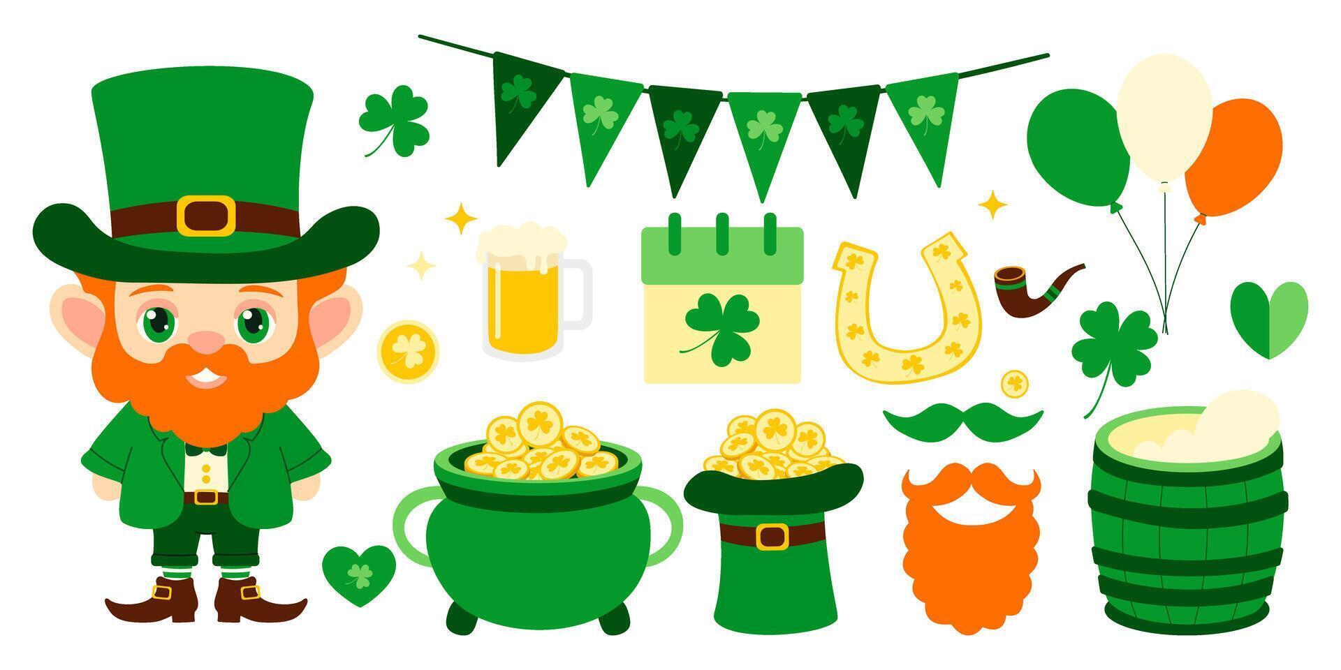 St. Patrick's Day set with leprechaun, gnomes, clover, hat, gold, shamrock, beer, balloons, flag Ireland, hearts, beard, smoking pipe. vector