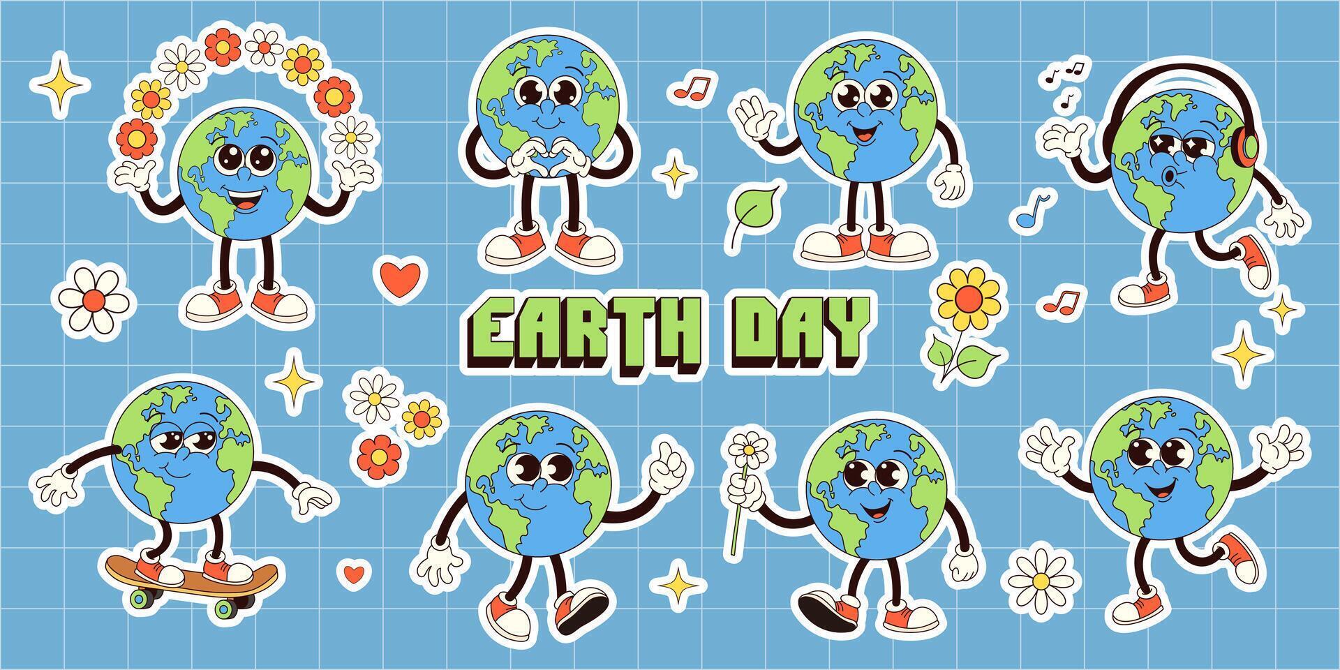 Groovy Earth stickers set. Earth day. vector