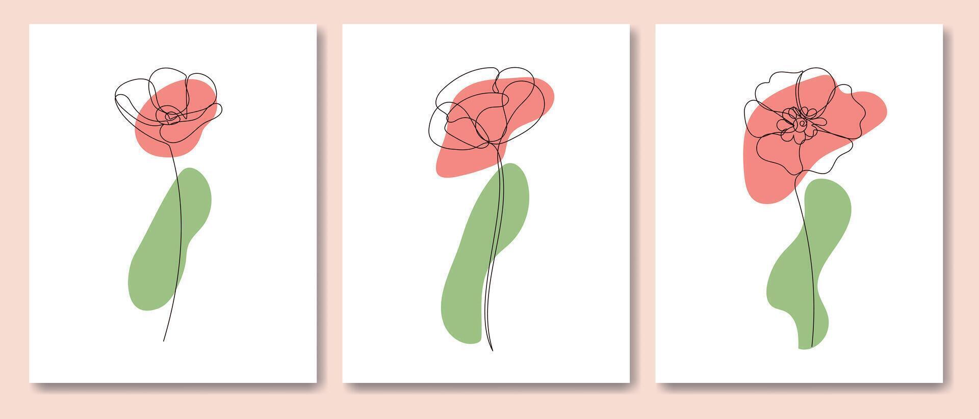 One line poppy flowers posters set. Modern art. Minimalism style. Vector illustration.