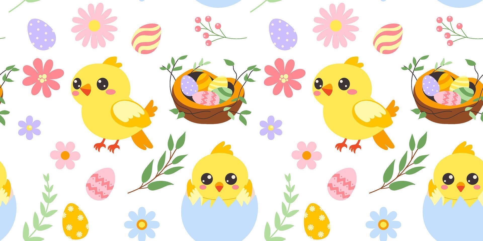 easter eggs and chickens seamless pattern vector