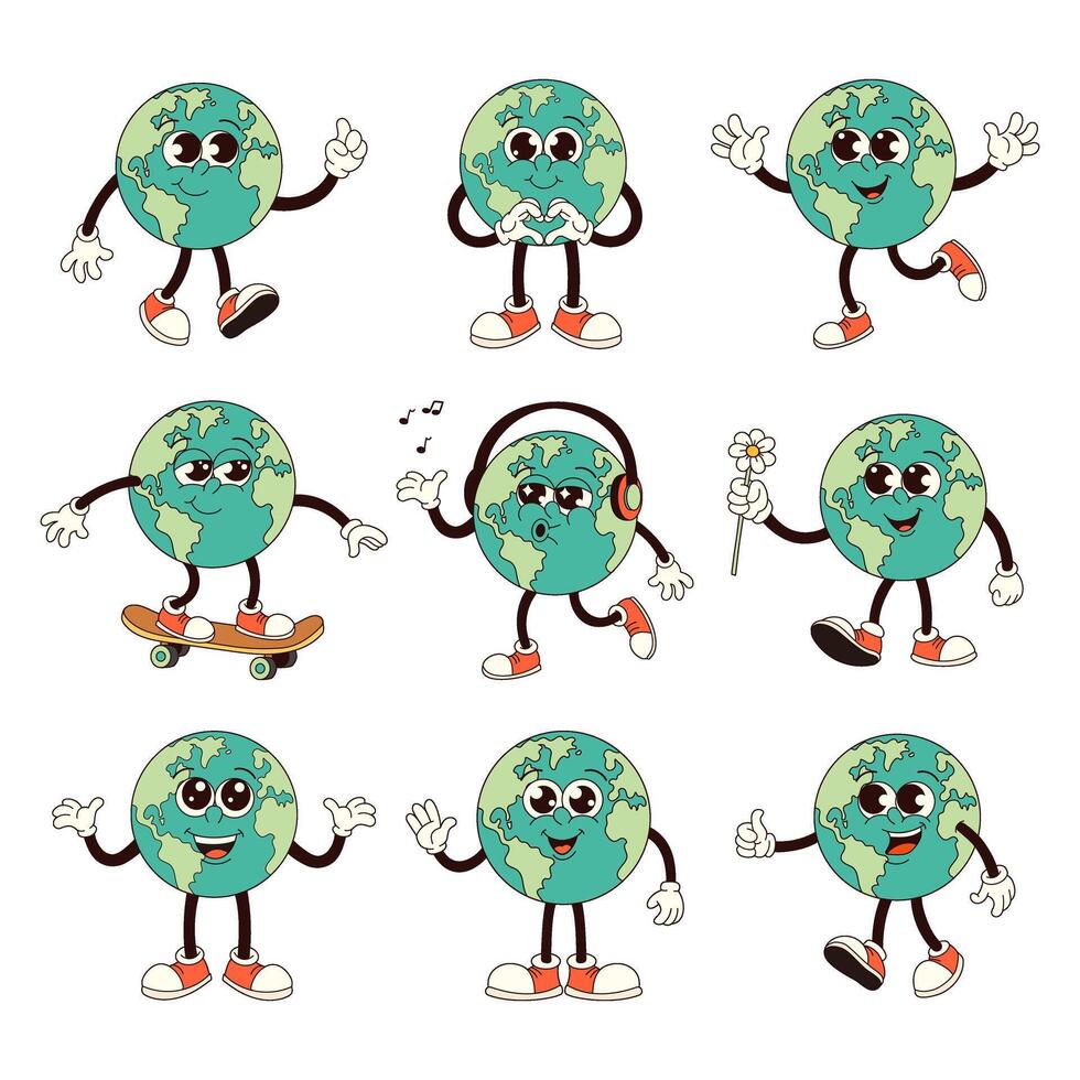Groovy Earth characters set in retro cartoon style vector