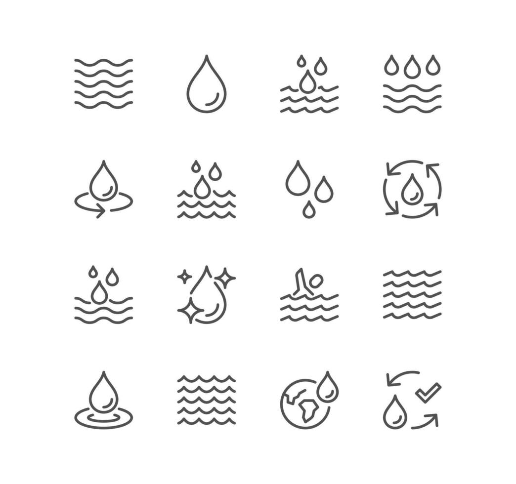 Set of water related icons, drops, rain, sea wave and linear variety vectors. vector