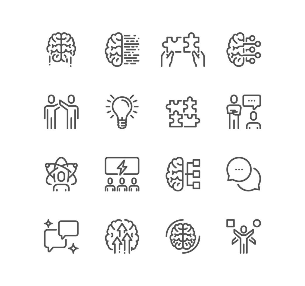 Set of brainstorming related icons, creativity, novel idea, brain, success, teammate and linear variety vectors. vector