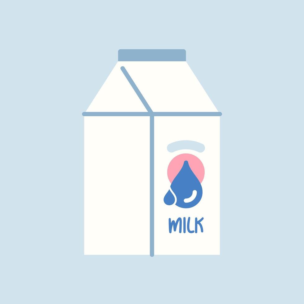 Milk in a box, milk container, white box full of dairy milky product, box with healthy calcium liquid drink, cream, flat cartoon vector illustration isolated on background.