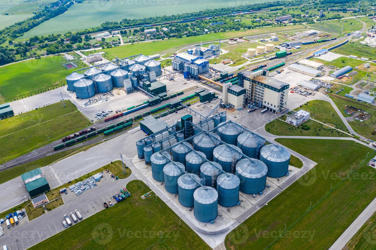 Station of bio gas production. Modern factory. Ecological production. View from above. Plant in field. photo
