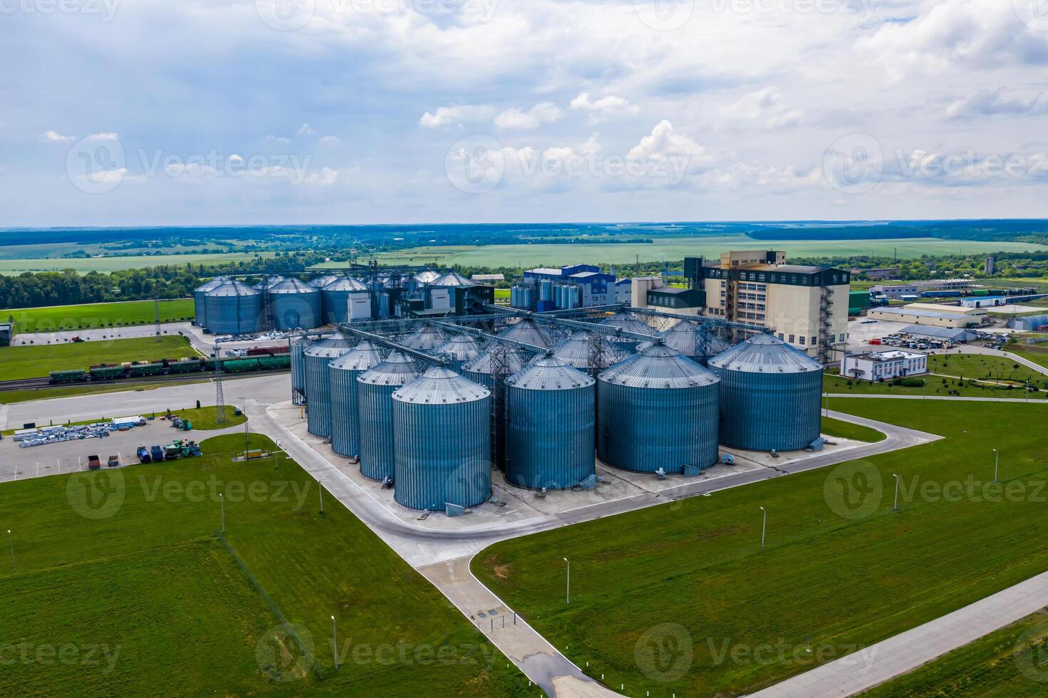 New factory in field. View from above. Ecological production. Bio gas plant. Sustainable production. photo