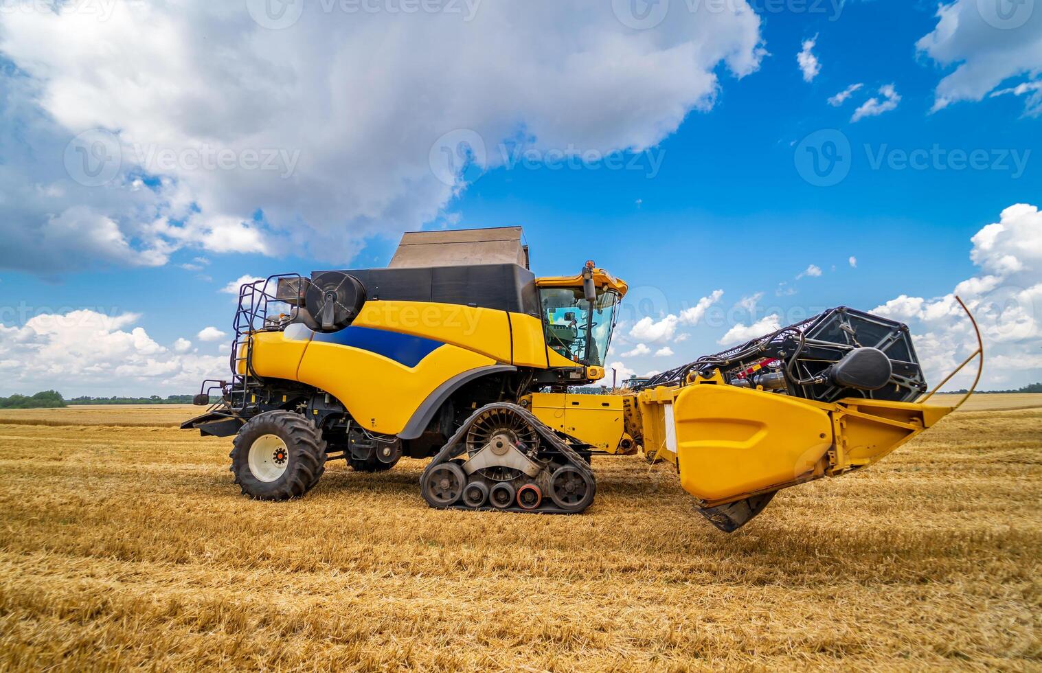 Ripe harvest concept.Yellow combine. Crop panorama. Cereal or wheat gathering. Heavy machinery. Blue sky above field. photo