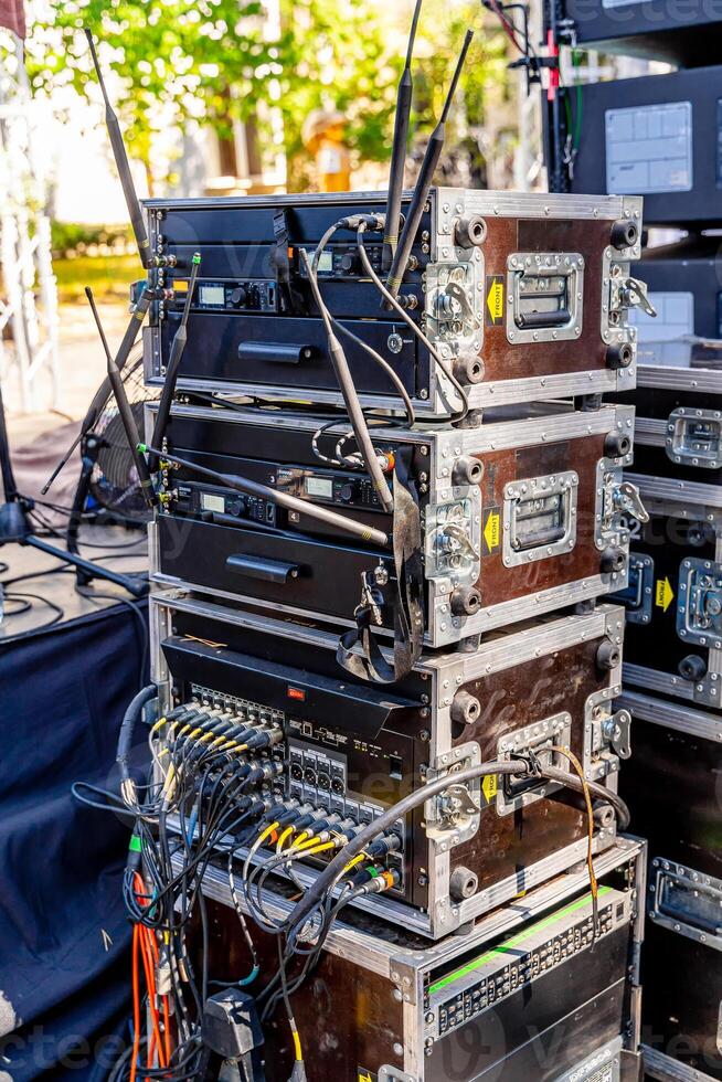 Concert equipment. Containers for transportation of equipment. Portable equipment for concert. Closeup. photo