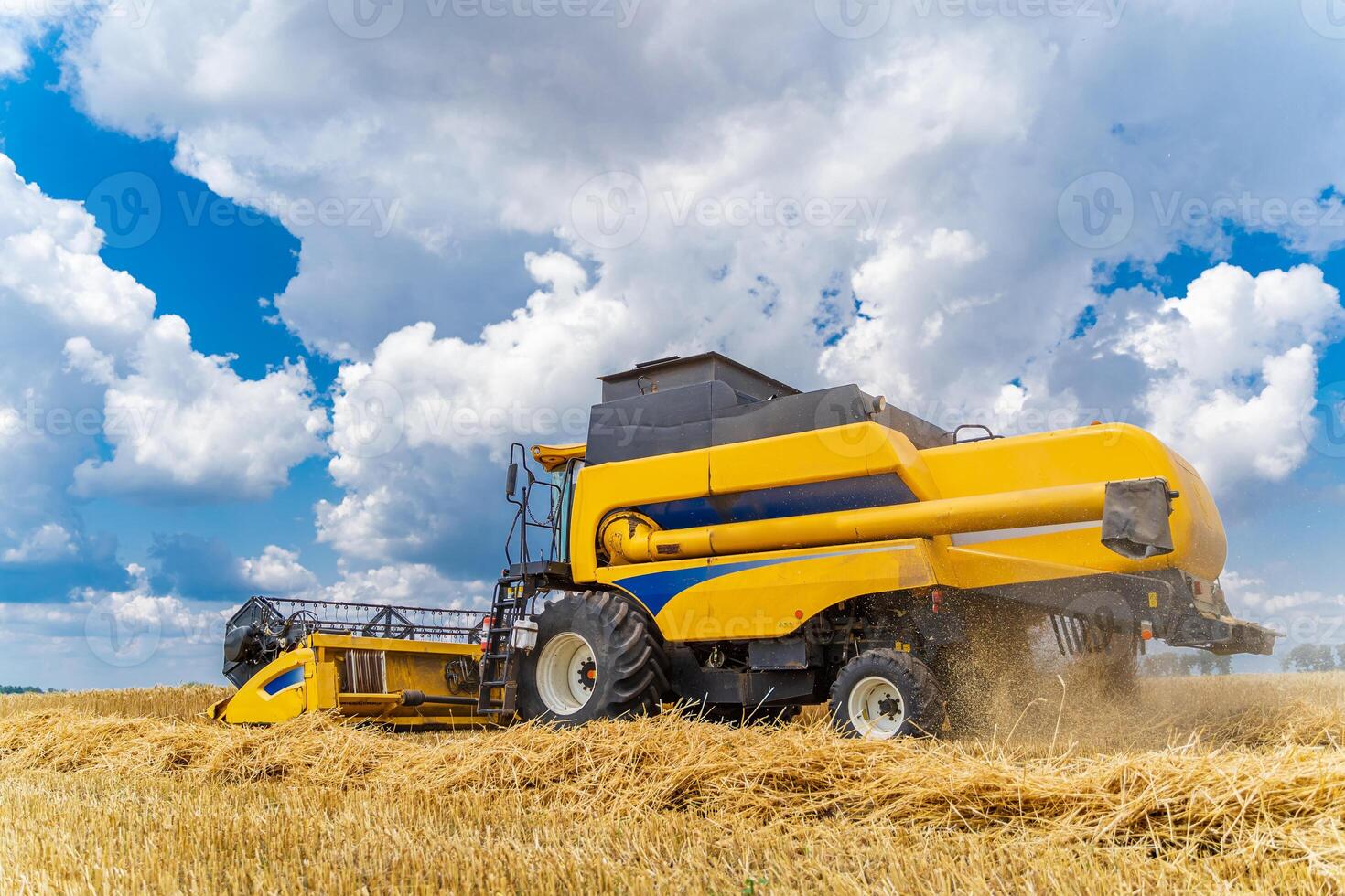 Process of gathering a ripe crop from the fields. Combine harvester in action on wheat field. Closeup photo