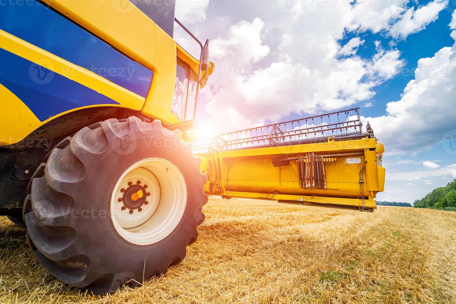 Selective focus on part of harvest gathering machine. Harvest time. Special technic in field. photo