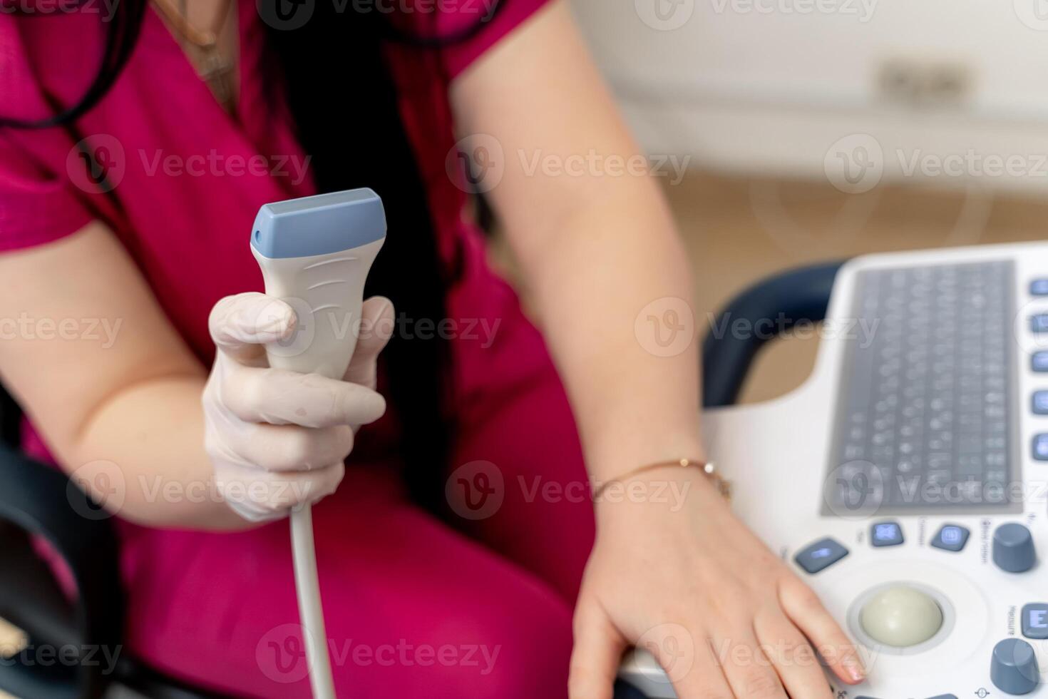 Detail of computer ultrasound in modern clinic. Scanning diagnostic equipment. New methods of treatment. Closeup. photo