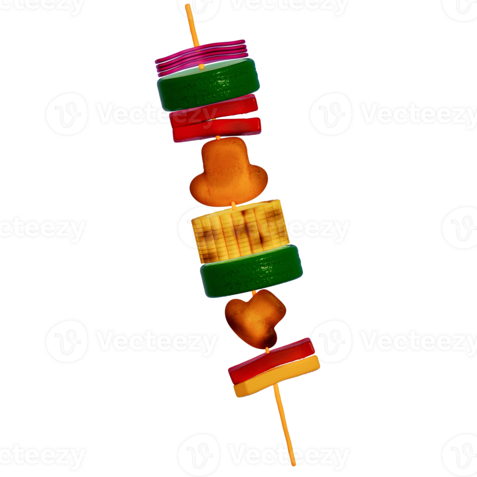 BBQ Grill for camping , vegetables skewer on transparent background , 3D Rendering png