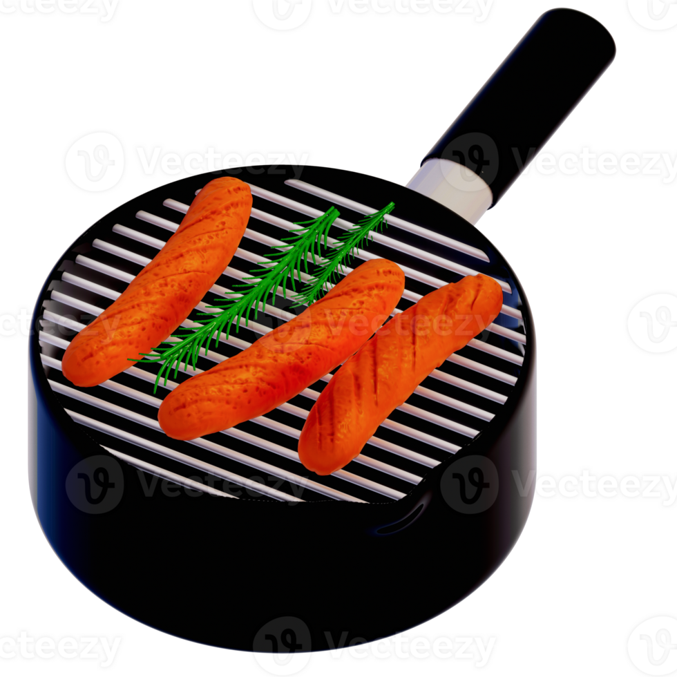 BBQ Grill for camping , Juicy sausages sizzling on the grill on transparent background , 3D Rendering png