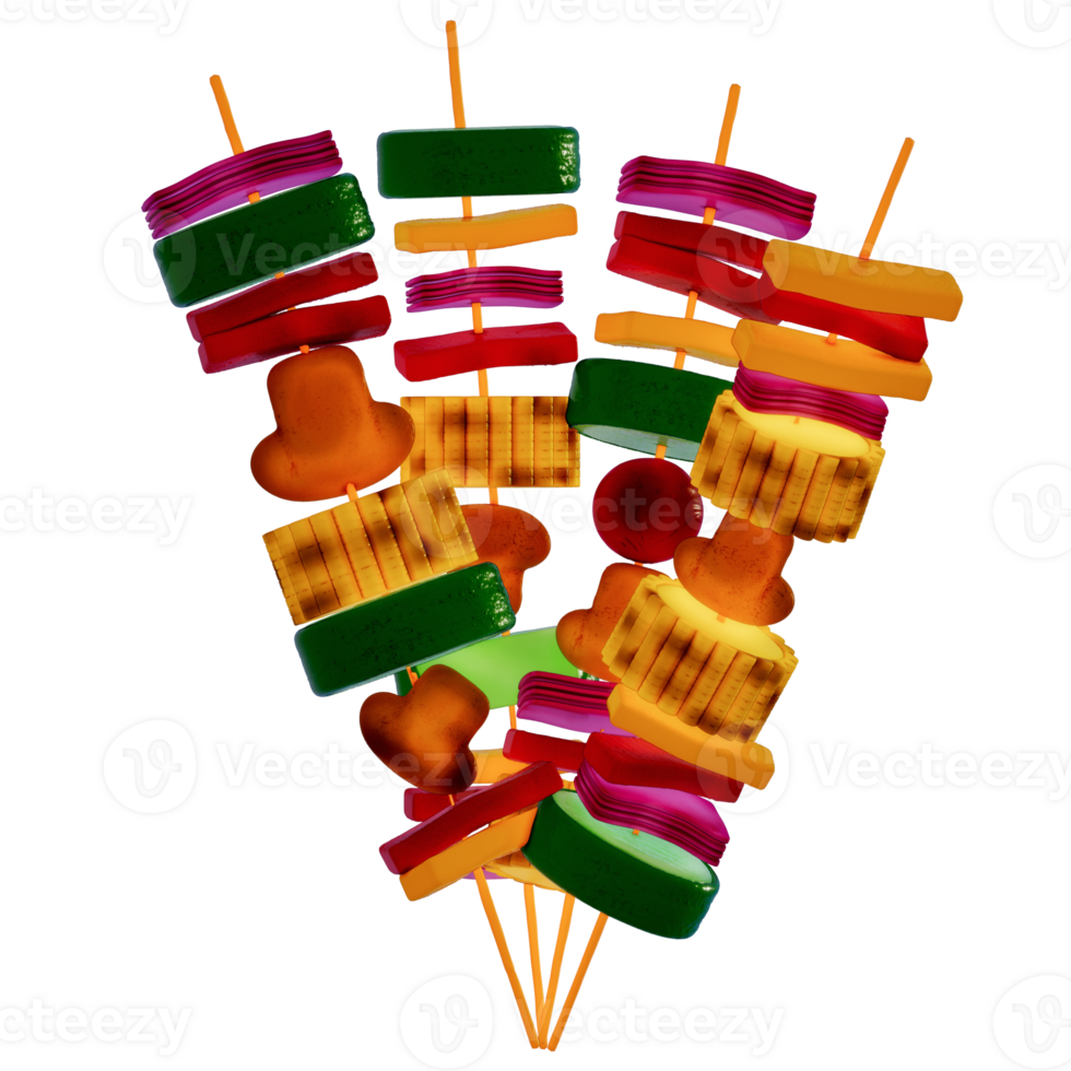 BBQ Grill for camping , vegetables skewers on transparent background , 3D Rendering png