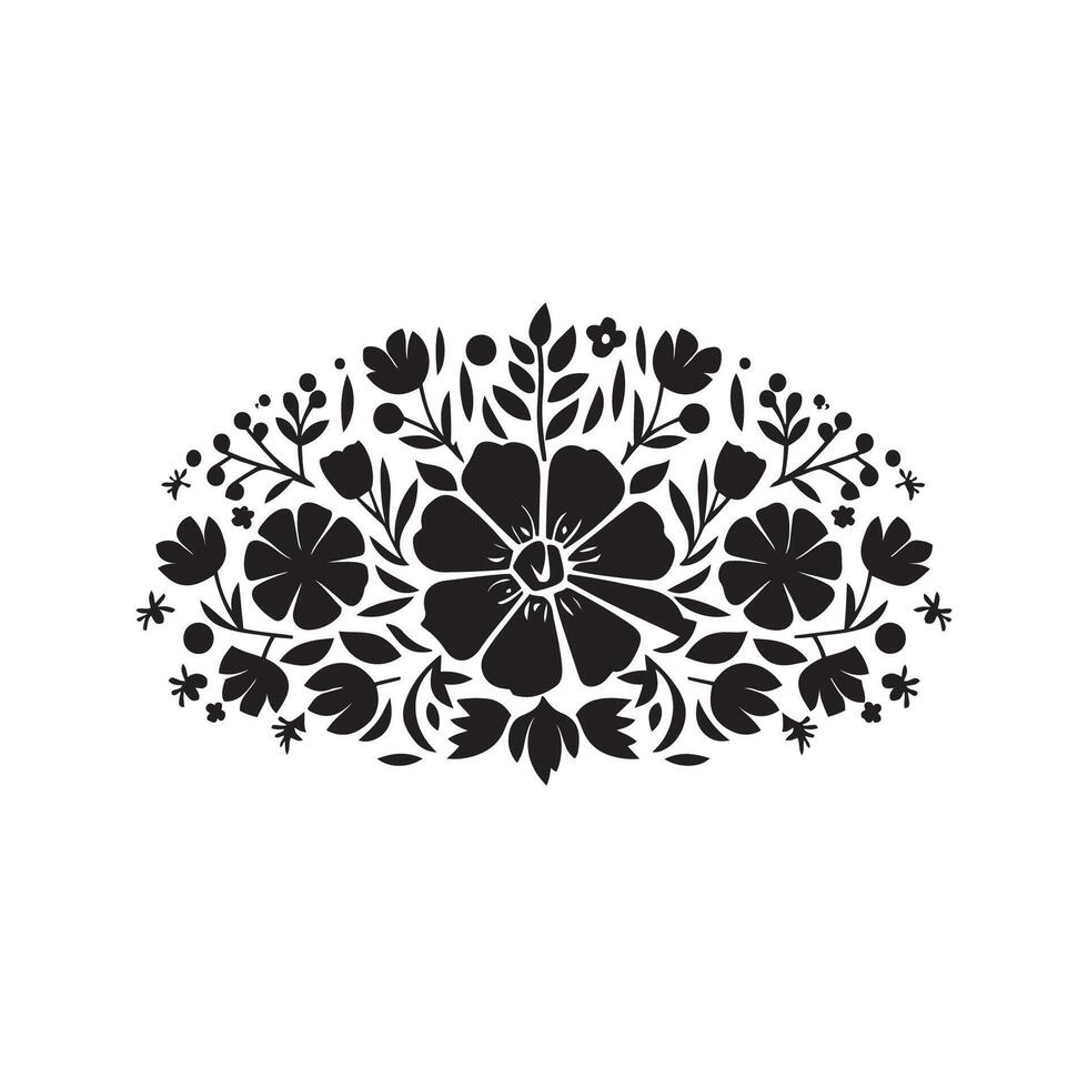 Black line floral composition in a circle, decorative botanical vector element Silhouette
