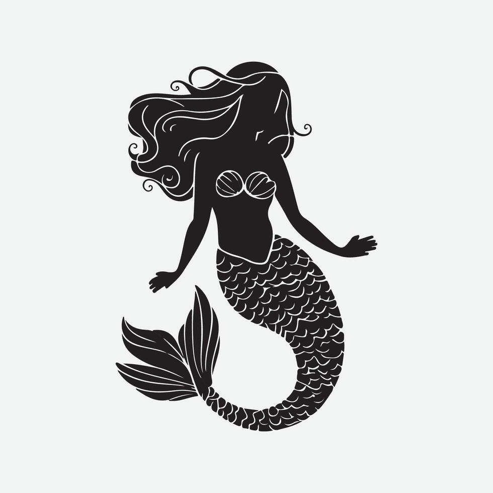 vector ilustración sirena silueta niña con un cola de pescado