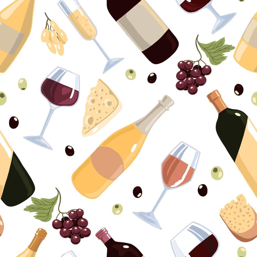 Wine bottles, glasses, cheese, grapes, olives. Hand drawn vector seamless pattern. Colorful flat background in retro abstract style. For design, print, decor, wallpaper, fabric, textile, wrap, card.