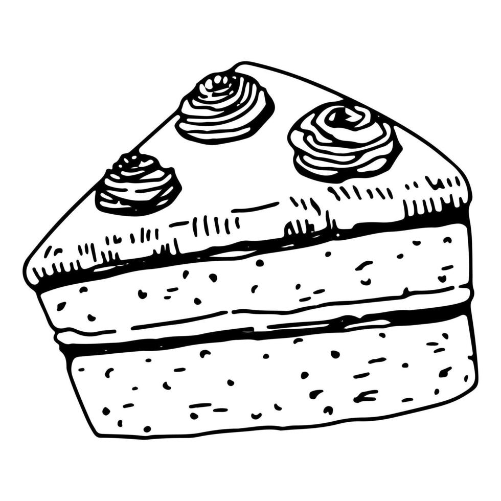 pedazo de pastel postre con crema bosquejo. mano dibujado vector ilustración en retro estilo. soltero dulce comida garabatear. contorno clipart aislado en blanco antecedentes.