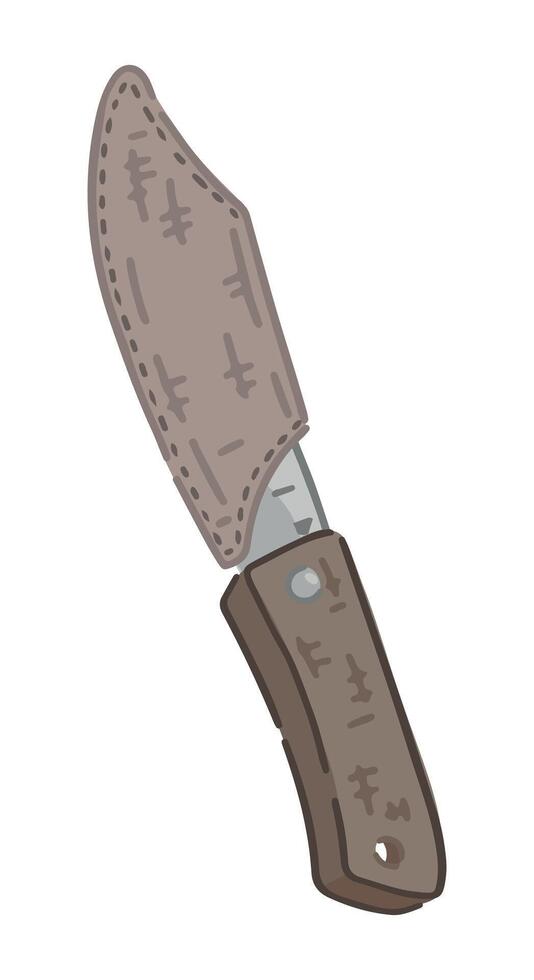 Doodle of camping knife with protective blade cover. Clipart of outdoor travel equipment, hiking tools. Cartoon vector illustration isolated on white.
