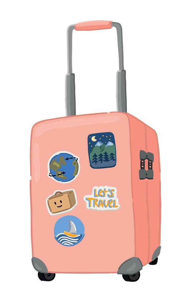 Doodle of suitcase with stickers. Clipart of travel baggage, luggage, trip attribute. Cartoon vector illustration isolated on white.