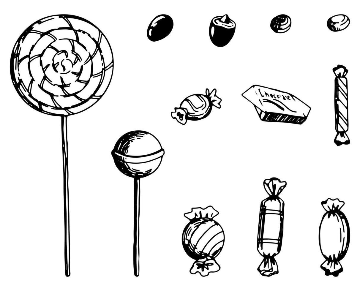 Set of candy, lollipop sketches. Collection of sweet food, desserts. Hand drawn vector illustration in retro style. Outline cliparts isolated on white background.