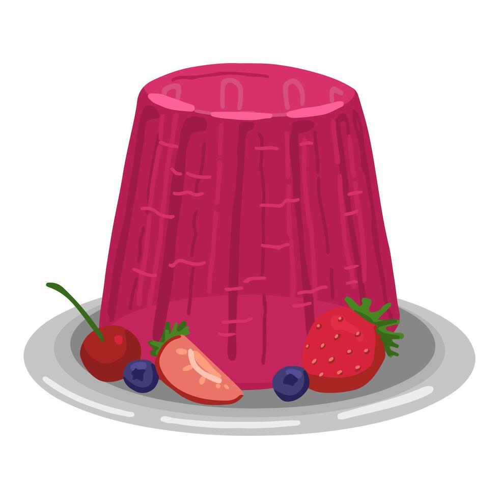 Jelly dessert with berries. Single doodle of sweet food. Hand drawn vector illustration in flat style. Cartoon clipart isolated on white background.