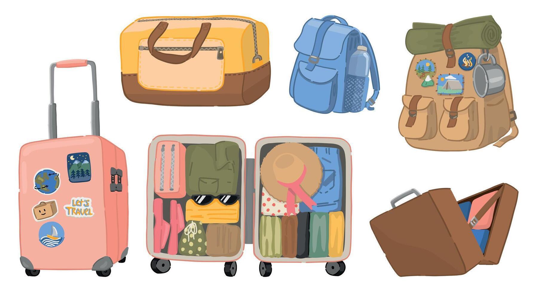 Travel luggage doodles collection. Set of suitcase, backpack, handbag. Vector illustration in cartoon style isolated on white.