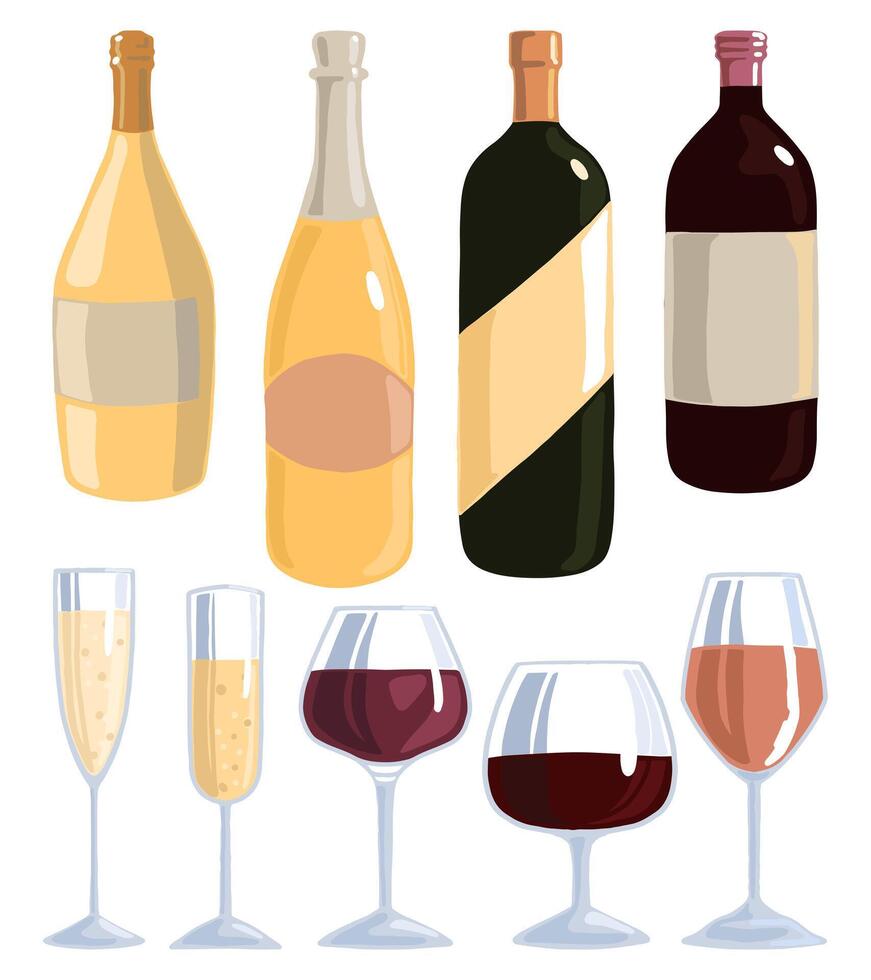 varios vino botellas y lentes. colección de plano mano dibujado vector ilustraciones. vistoso sencillo alcohólico elementos en escandinavo estilo. conjunto para diseño, imprimir, decoración, tarjeta, pegatina, póster etc.