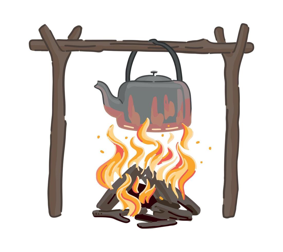 Campfire doodle. Clipart of kettle over the fire. Cartoon vector illustration isolated on white.