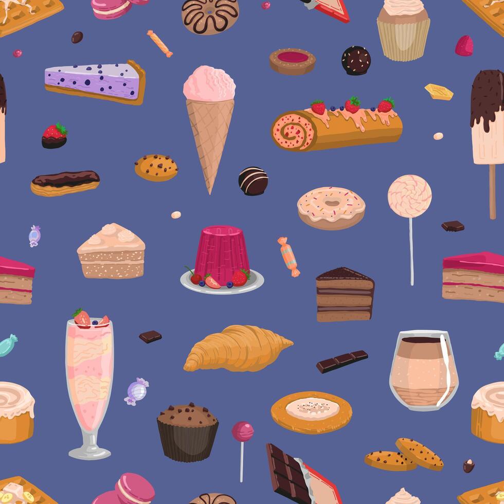 dulce comida sin costura modelo. ornamento de variado delicioso postres vector ilustración en plano estilo. dibujos animados diseño para fondo de pantalla, decoración, envoltura, antecedentes.