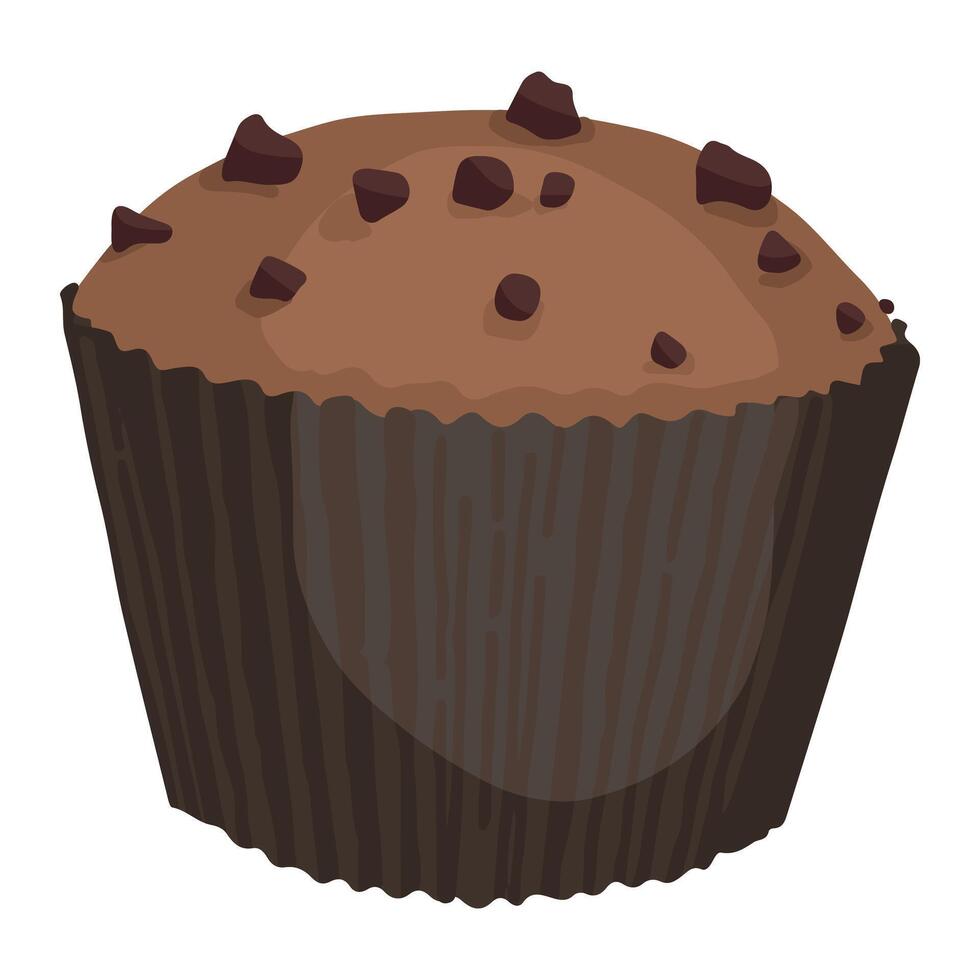 Chocolate chip cupcake dessert. Hand drawn vector illustration in flat style. Single doodle of sweet food. Cartoon clipart isolated on white background.